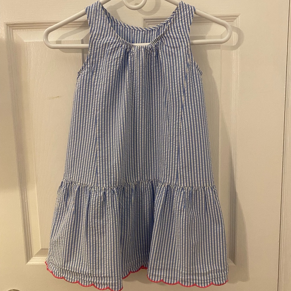 Crewcuts light blue and white seersucker dress with hot pink piping on hem